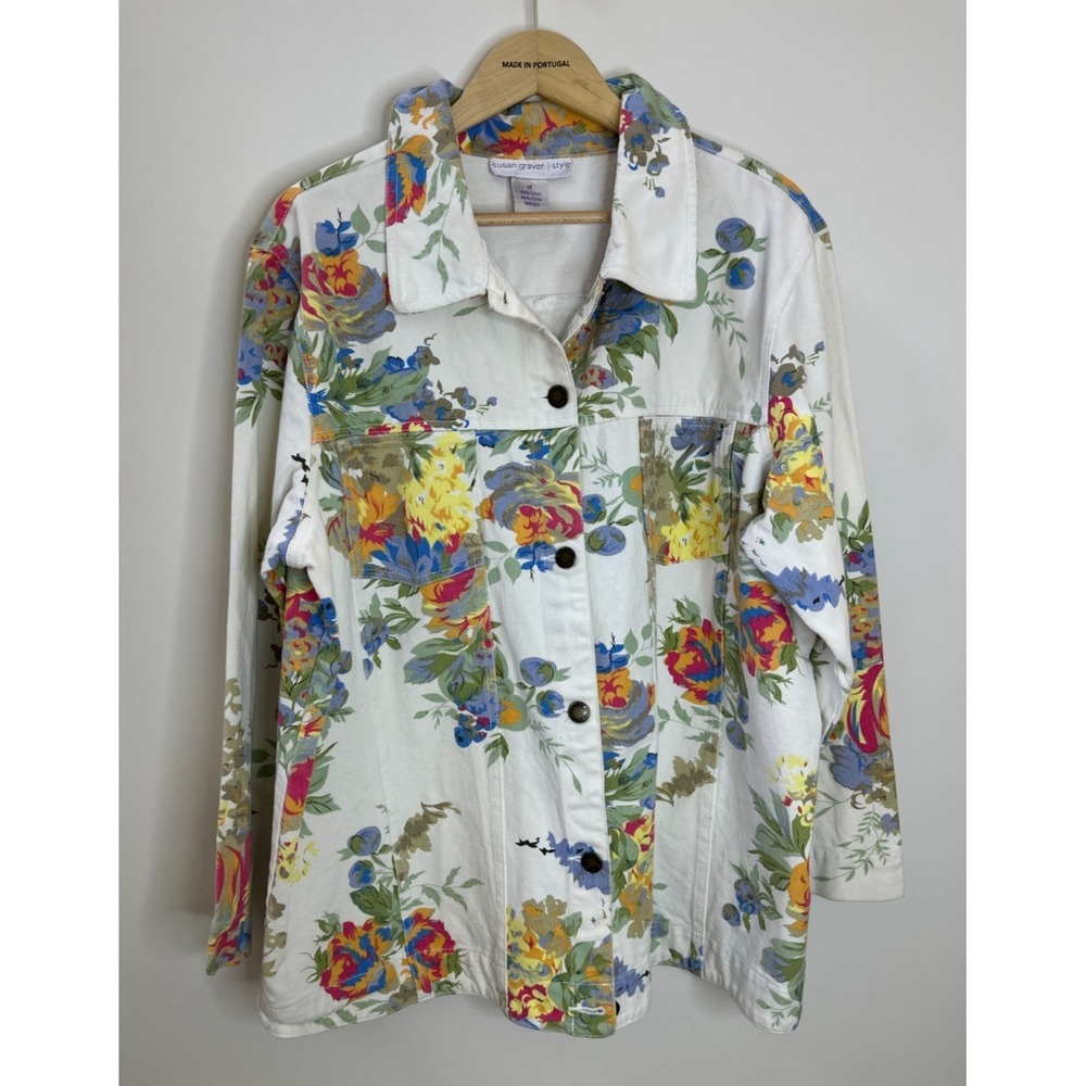 Susan Graver Floral Denim Trucker Jacket White Cotton Button Front Plus Size 1X - Picture 2 of 11